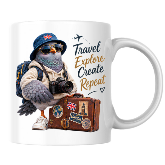 Travel Mug "Travel Explore Create Repeat Cool Pigeon" 325ml Ceramic Coffee Mug – Cool Traveller Pigeon Camera Bucket Hat Union Jack Suitcase Sneakers Gift For Tourists Photographers | Available in Multicolours | Fast Dispatch by UK Seller (M3235)