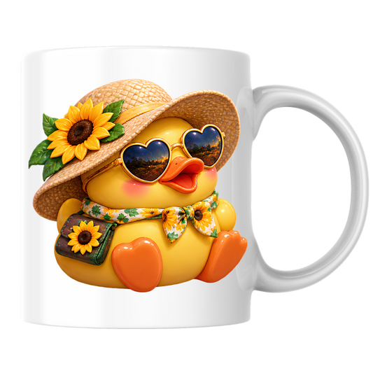 Cute Duck Mug "Summer Sunflower Duckling" Summer Sunflower Duckling 325ml Ceramic Coffee Mug – Adorable Yellow Duck in Straw Hat, Heart Sunglasses Sunflower Bag Summer Gift | Available in Multicolours | Fast Dispatch by UK Seller (M3290)
