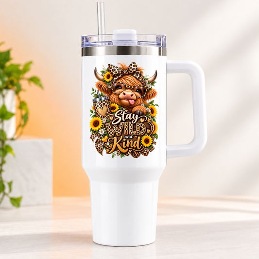 Cute Highland Cow Travel Tumbler "Stay Wild And Kind" Graphic 40oz Stainless Steel Insulated Travel Mug with Handle & Straw â€“ Cheeky Calf with Leopard Glasses, Sunflowers & Iced Coffee Cup Novelty Travel Cup | Fast Dispatch by UK Seller (T3003)