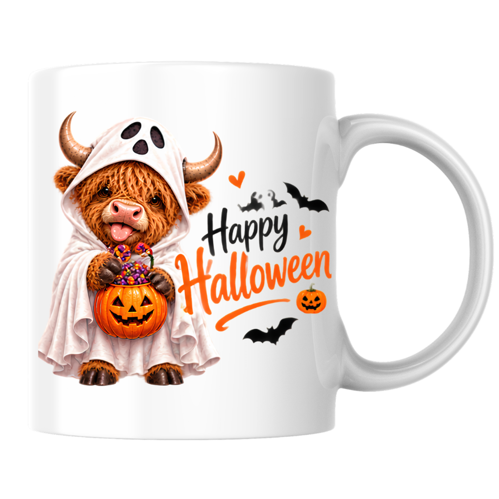 Halloween Mug "Ghost Costume Highland Cow" Ghost Costume Highland Cow 325ml Ceramic Coffee Mug – Cute Trick-or-Treat Tea Cup with Sheet Costume Pumpkin Bucket Graphic Gift | Available in Multicolours | Fast Dispatch by UK Seller (M3165)