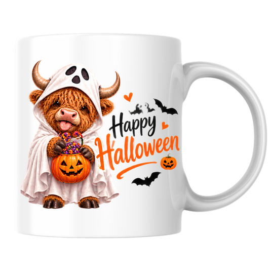 Halloween Mug "Ghost Costume Highland Cow" Ghost Costume Highland Cow 325ml Ceramic Coffee Mug – Cute Trick-or-Treat Tea Cup with Sheet Costume Pumpkin Bucket Graphic Gift | Available in Multicolours | Fast Dispatch by UK Seller (M3165)