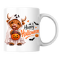 Halloween Mug "Ghost Costume Highland Cow" Ghost Costume Highland Cow 325ml Ceramic Coffee Mug – Cute Trick-or-Treat Tea Cup with Sheet Costume Pumpkin Bucket Graphic Gift | Available in Multicolours | Fast Dispatch by UK Seller (M3165)