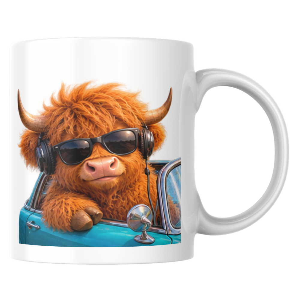 Cool Highland Cow Driving Convertible Car Coffee Mug - Sunglasses & Headphones Farm Animal Ceramic Tea Cup for Drivers & Music Lovers (M1217)