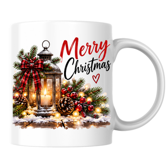 Festive Christmas Lantern Mug "Merry Christmas" Merry Christmas 325ml Ceramic Coffee Mug – Vintage Candle Lantern with Plaid Bow, Pine, Pinecones & Fairy Lights | Holiday Gift | Fast Dispatch by UK Seller (M3404)