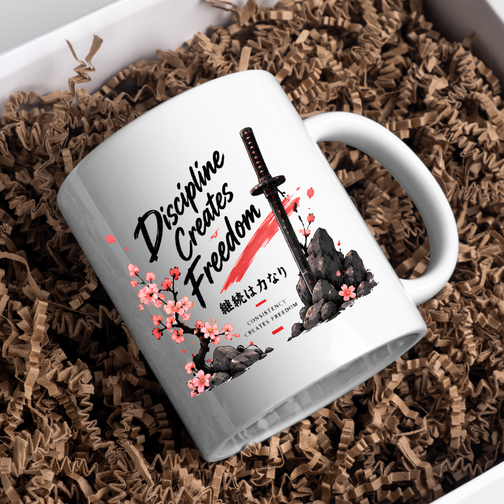 Inspirational Japanese Katana Mug "Discipline Creates Freedom" Cherry Blossom 325ml Ceramic Coffee Mug – Samurai Sword Tea Cup with Kanji Rock Graphic Gift | Available in Multicolours | Fast Dispatch by UK Seller (M3042)
