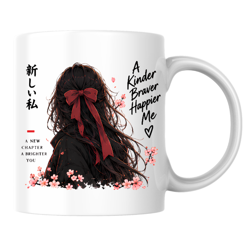 Inspirational Anime Girl Mug "A Kinder Braver Happier Me" Red Ribbon Hair 325ml Ceramic Coffee Mug – Mindful Aesthetic Tea Cup with Kanji Cherry Blossom Graphic Gift | Available in Multicolours | Fast Dispatch by UK Seller (M3043)