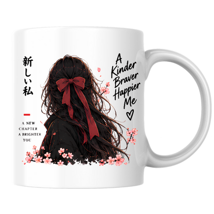Inspirational Anime Girl Mug "A Kinder Braver Happier Me" Red Ribbon Hair 325ml Ceramic Coffee Mug – Mindful Aesthetic Tea Cup with Kanji Cherry Blossom Graphic Gift | Available in Multicolours | Fast Dispatch by UK Seller (M3043)