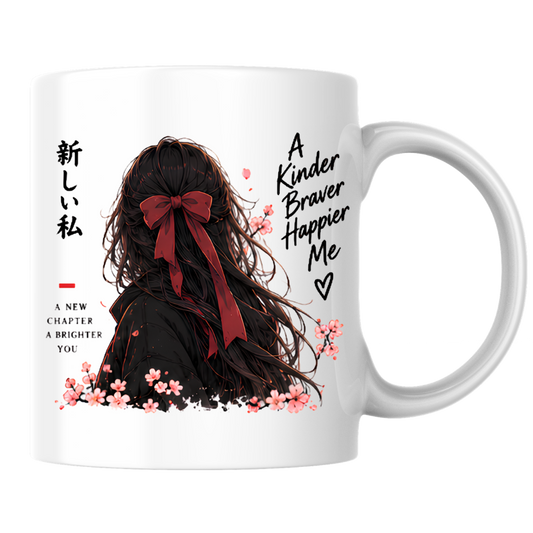 Inspirational Anime Girl Mug "A Kinder Braver Happier Me" Red Ribbon Hair 325ml Ceramic Coffee Mug – Mindful Aesthetic Tea Cup with Kanji Cherry Blossom Graphic Gift | Available in Multicolours | Fast Dispatch by UK Seller (M3043)