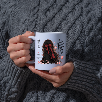 Inspirational Anime Girl Mug "A Kinder Braver Happier Me" Red Ribbon Hair 325ml Ceramic Coffee Mug – Mindful Aesthetic Tea Cup with Kanji Cherry Blossom Graphic Gift | Available in Multicolours | Fast Dispatch by UK Seller (M3043)