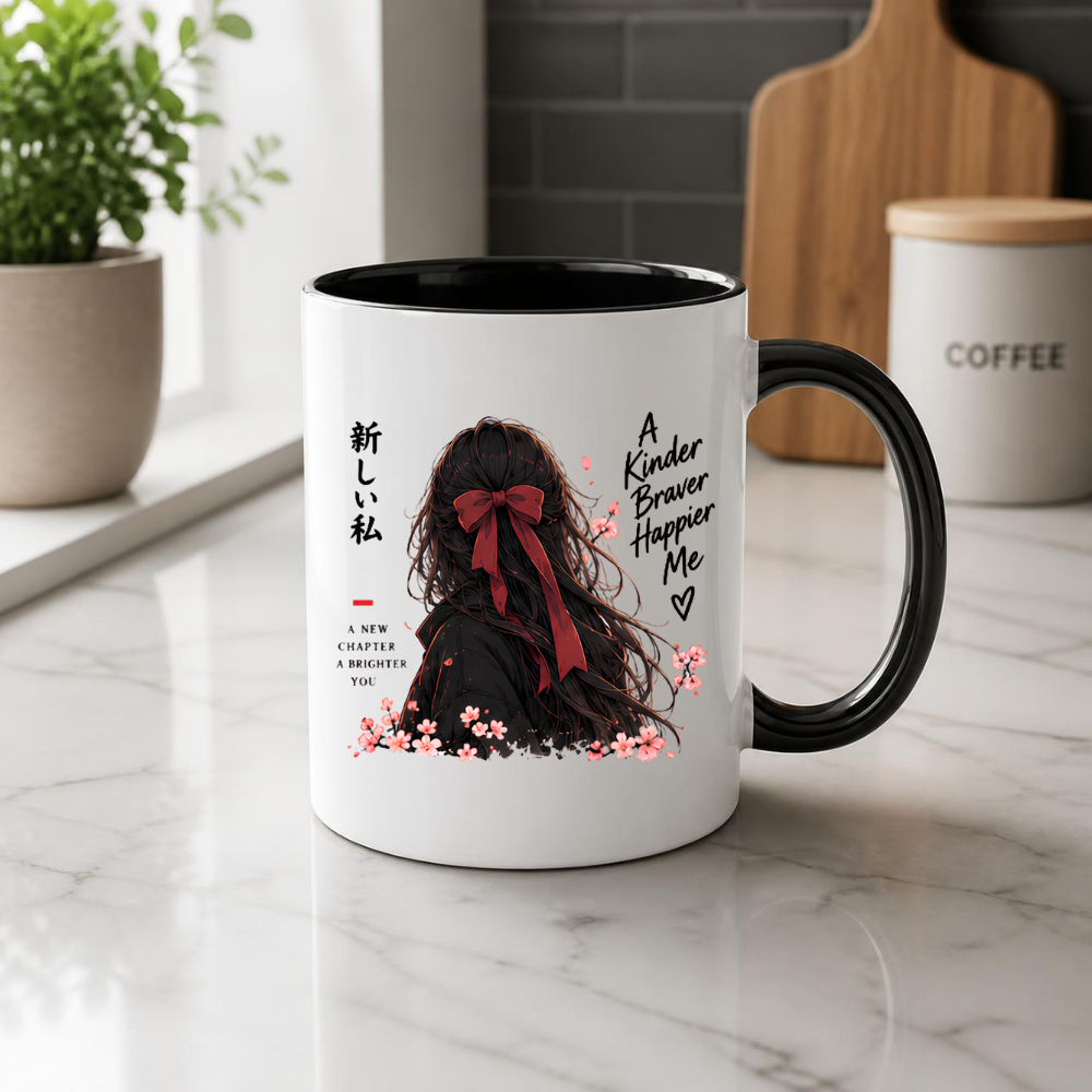 Inspirational Anime Girl Mug "A Kinder Braver Happier Me" Red Ribbon Hair 325ml Ceramic Coffee Mug – Mindful Aesthetic Tea Cup with Kanji Cherry Blossom Graphic Gift | Available in Multicolours | Fast Dispatch by UK Seller (M3043)