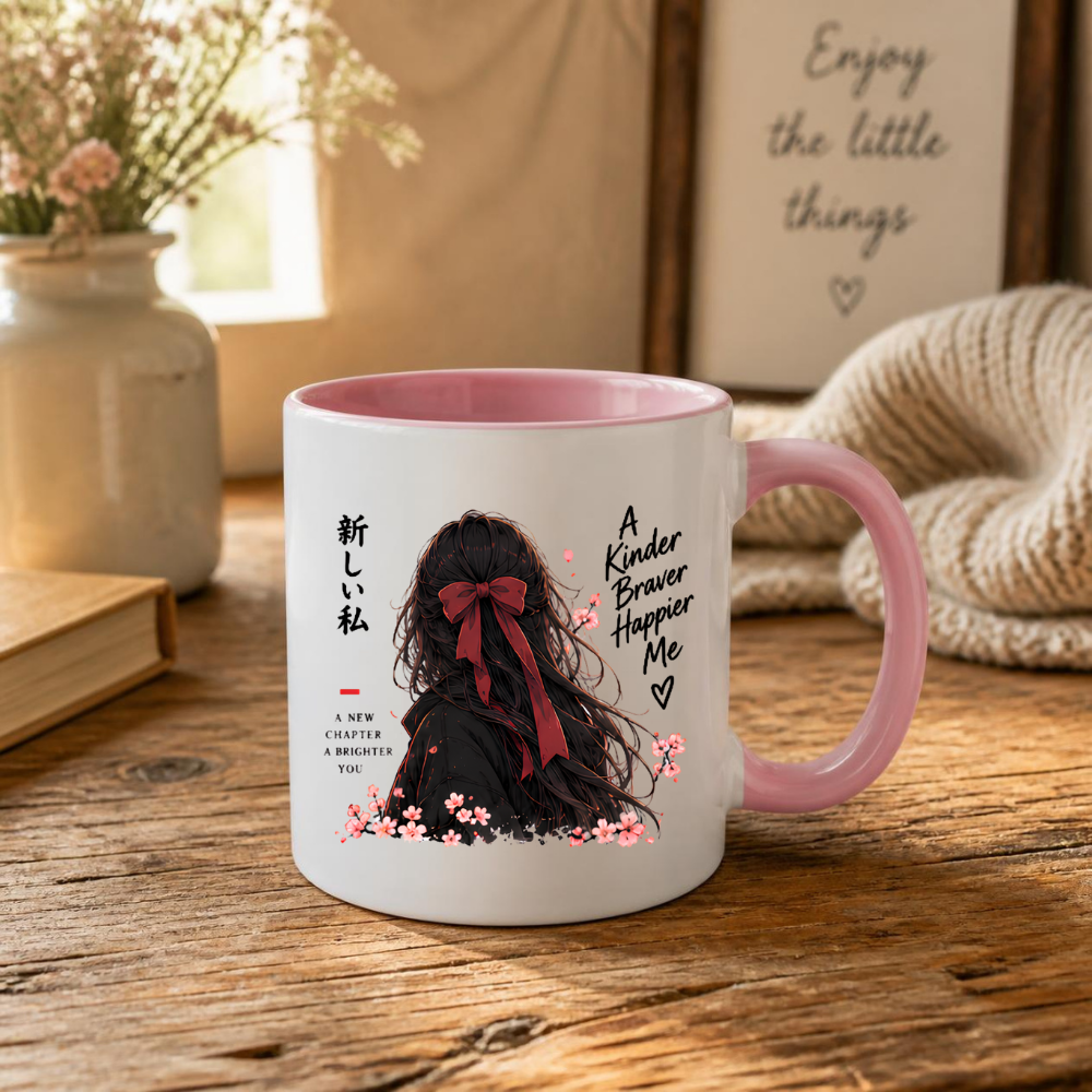 Inspirational Anime Girl Mug "A Kinder Braver Happier Me" Red Ribbon Hair 325ml Ceramic Coffee Mug – Mindful Aesthetic Tea Cup with Kanji Cherry Blossom Graphic Gift | Available in Multicolours | Fast Dispatch by UK Seller (M3043)