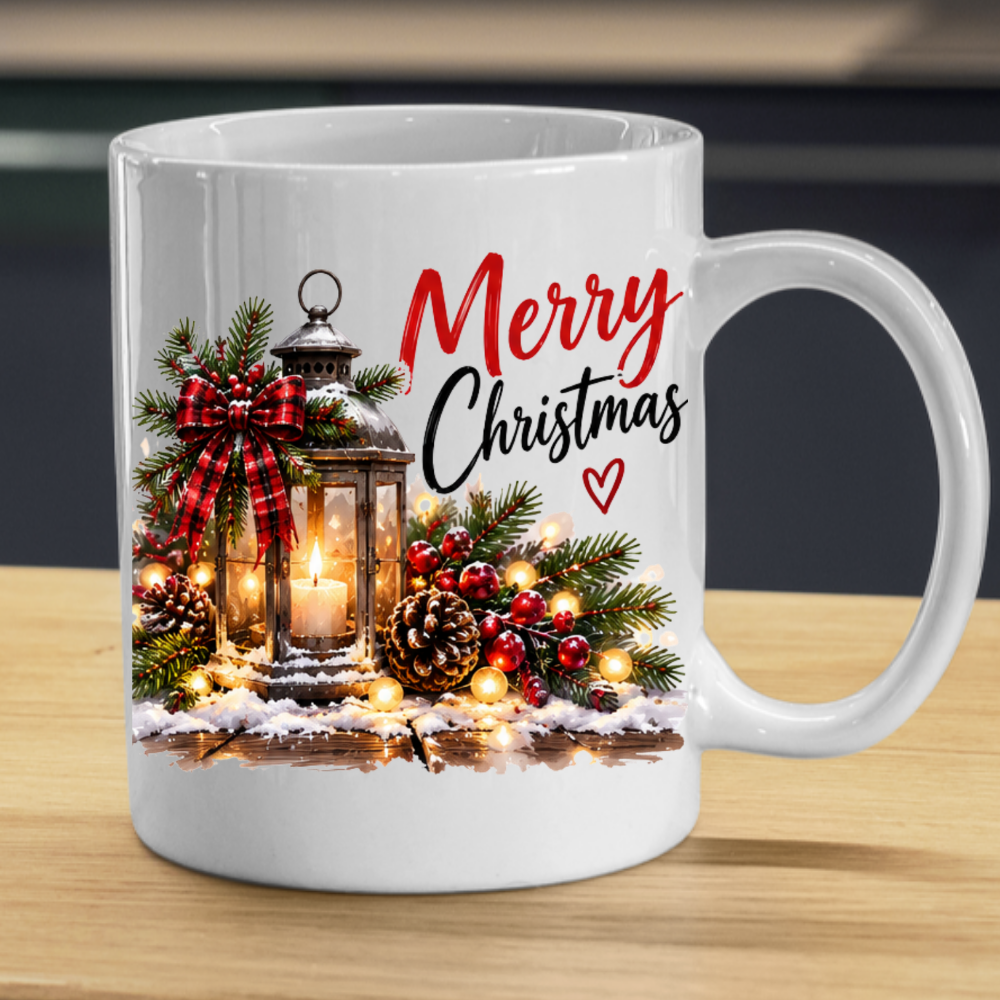 Festive Christmas Lantern Mug "Merry Christmas" Merry Christmas 325ml Ceramic Coffee Mug – Vintage Candle Lantern with Plaid Bow, Pine, Pinecones & Fairy Lights | Holiday Gift | Fast Dispatch by UK Seller (M3404)