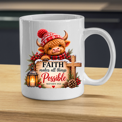 Christmas Mug "Faith Makes All Things Possible Matthew 19:26" Faith Makes All Things Possible 325ml Ceramic Coffee Mug – Festive Highland Cow Mug With Wooden Cross Lantern Holiday Gift | Available in Multicolours | Fast Dispatch by UK Seller (M3318)