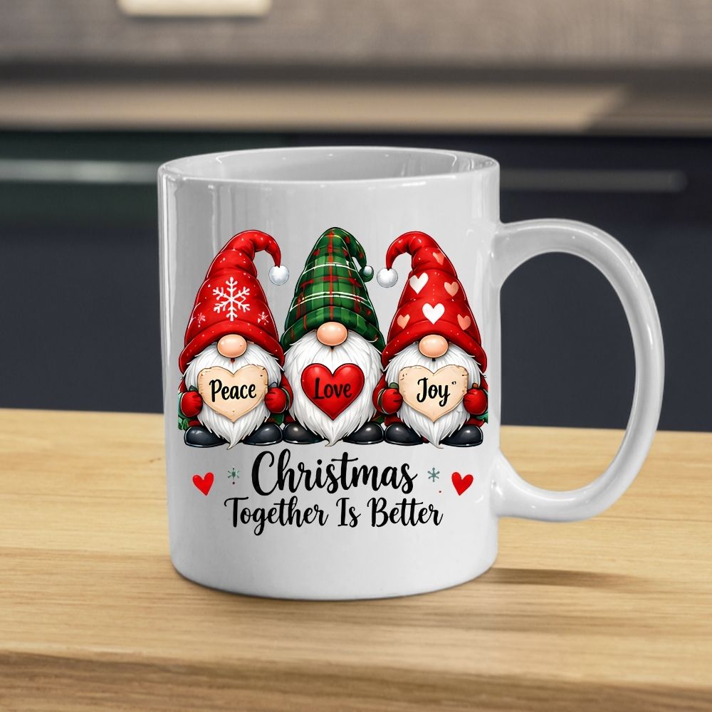 Festive Mug "Peace Love Joy" Trio Gnomes 325ml Ceramic Coffee Mug Christmas Together Is Better Holiday Tea Cup with Hearts & Plaid Hat | Available in Multicolours | Fast Dispatch by UK Seller (M1271)