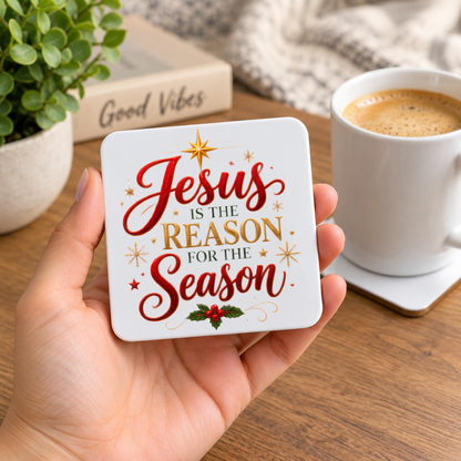 Inspirational Religious Hardboard Coaster "Jesus Is The Reason For The Season" Graphic 9cm x 9cm Square Drinks Coaster "Red Script & Gold S