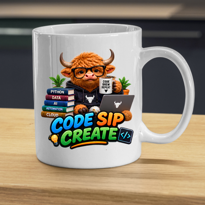Coding Mug "Code Sip Create Highland Cow" 325ml Ceramic Coffee Mug – Cute Highland Cow Developer with Glasses Books Laptop Code Brew Repeat Cup Tech Gift For Programmers Coders | Available in Multicolours | Fast Dispatch by UK Seller (M3229)