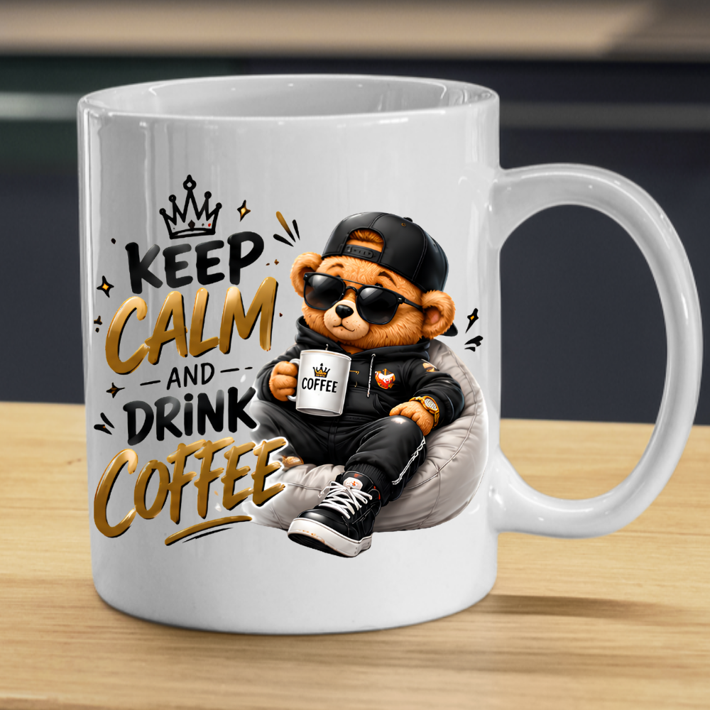 Teddy Bear Mug "Keep Calm And Drink Coffee" 325ml Ceramic Coffee Tea Cup – Cool Bear Graphic, Sunglasses, Hoodie & Slogan Novelty Gift for Coffee Lovers, Birthday – Fast Dispatch by UK Seller (M3504)