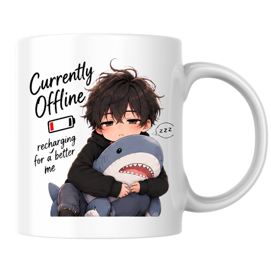 Funny Anime Mug "Currently Offline recharging for a better me" Sleepy Boy & Plush Shark 325ml Ceramic Coffee Mug Introvert Relatable Tea Cup with Low Battery & Plushie Graphic Gift | Available in Multicolours | Fast Dispatch by UK Seller (M3025)