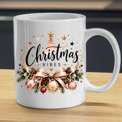 Elegant Rose Gold Christmas Mug "Christmas Vibes" Elegant Christmas Vibes 325ml Ceramic Coffee Mug – Rose Gold Ribbon Bow, Baubles, Pine Garlands & Starry Christmas Tree Slogan | Festive Holiday Gift | Fast Dispatch by UK Seller (M3437)
