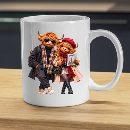 Highland Cow Mug "London Travelers Highland Cow Couple" 325ml Ceramic Coffee Mug – Stylish Highland Cow Couple in Beret, Sunglasses Trench Coats Holding Camera Gift For Travelers Couples | Available in Multicolours | Fast Dispatch by UK Seller (M3260)