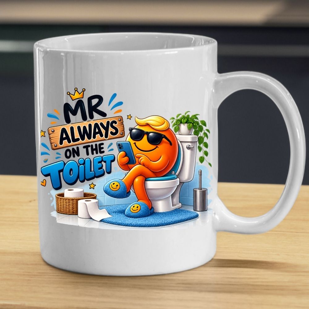 Funny Mug "Mr Always On The Toilet" Phone Addict Bathroom Humour Coffee Cup 350ml Ceramic Novelty Gift for Husband Boyfriend Dad Grandad Men, Funny Toilet Joke Birthday Christmas Secret Santa Fathers Day Gift | Fast Dispatch by UK Seller (M1020)
