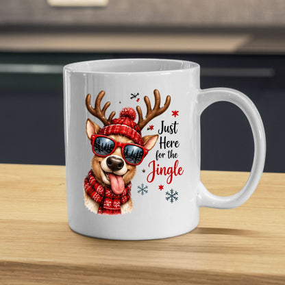 Fun Mug "Just Here for the Jingle" Reindeer 325ml Ceramic Coffee Mug Cool Winter Holiday Tea Cup with Sunglasses, Red Beanie & Scarf Gift | Available in Multicolours | Fast Dispatch by UK Seller (M1260)