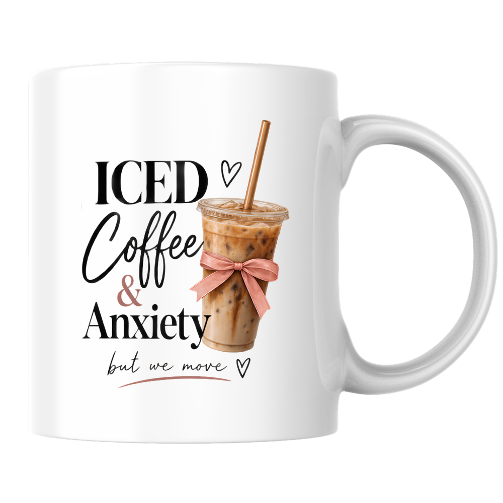 Relatable Mug "ICED Coffee & Anxiety but we move" Coquette Aesthetic 325ml Ceramic Coffee Mug Trendy Coffee Lover Tea Cup with Pink Bow & Straw Graphic Gift | Available in Multicolours | Fast Dispatch by UK Seller (M3007)