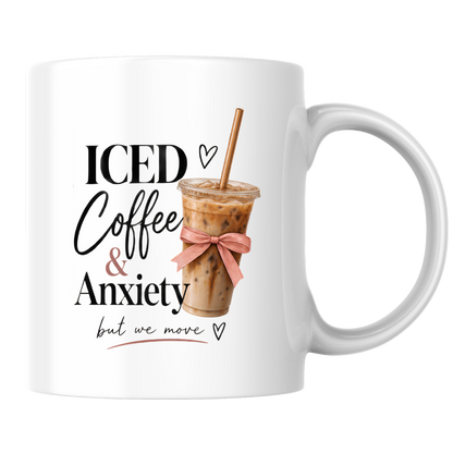 Relatable Mug "ICED Coffee & Anxiety but we move" Coquette Aesthetic 325ml Ceramic Coffee Mug Trendy Coffee Lover Tea Cup with Pink Bow & Straw Graphic Gift | Available in Multicolours | Fast Dispatch by UK Seller (M3007)