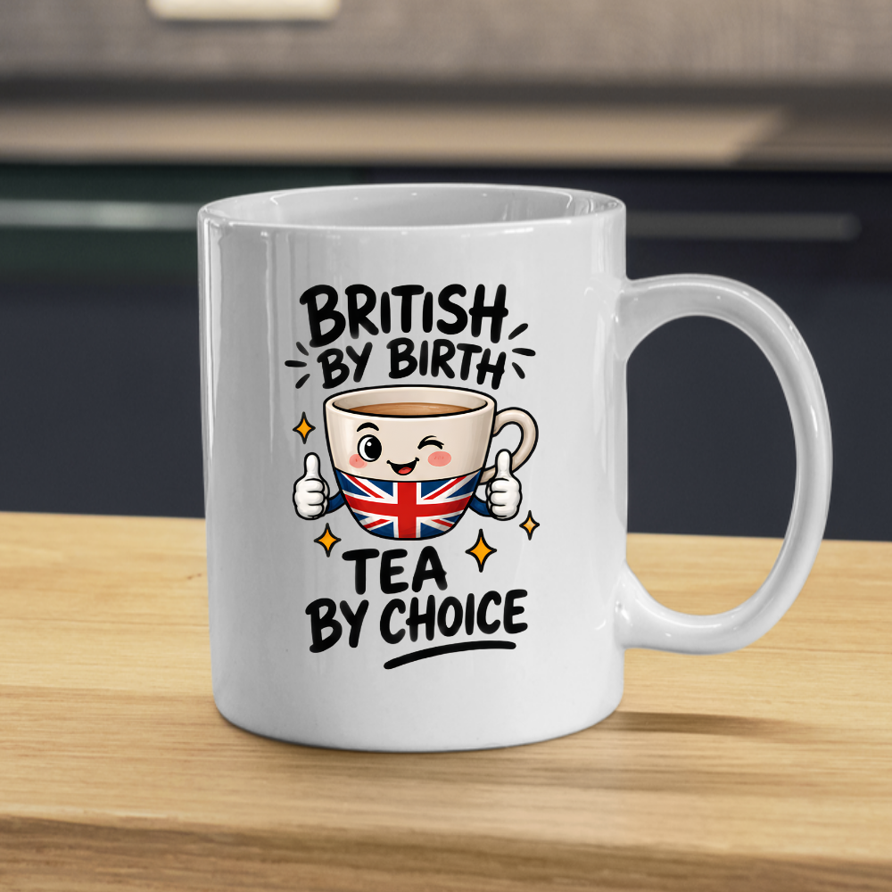 British Tea Mug "BRITISH BY BIRTH TEA BY CHOICE" Funny Tea Cup 325ml Ceramic Coffee Mug Witty Union Jack Tea Cup with Cartoon Character Gift | Available in Multicolours | Fast Dispatch by UK Seller (M3001)