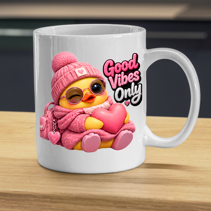 Inspirational Mug "Good Vibes Only Pink Duck" 325ml Ceramic Coffee Mug – Cute Winking Yellow Duck in Pink Beanie, Sweater, Glasses Backpack Hugging Pink Heart Cute Gift For Friends Family | Available in Multicolours | Fast Dispatch by UK Seller (M3253)