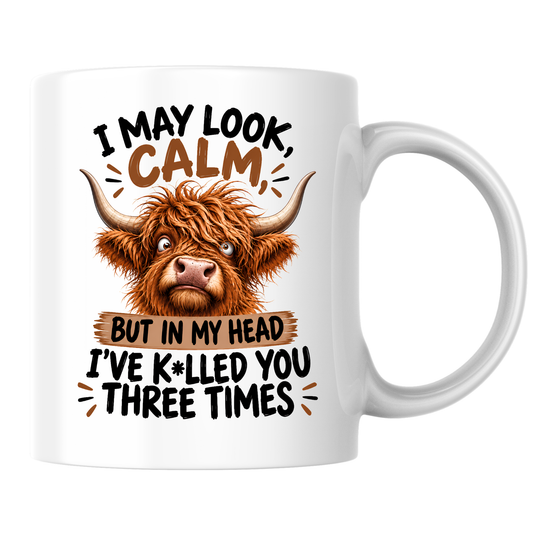 Funny Mug "I May Look Calm" Highland Cow Ceramic Coffee Mug Sarcastic Work & Office Novelty Cup 350ml | Fast Dispatch by UK Seller (M1059)