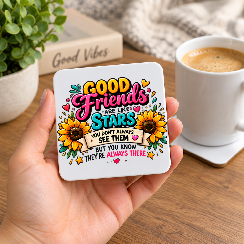 Best Friends Coaster "Good Friends Are Like Stars You Don't Always See Them But You Know They're Always There" Graphic Glossy Hardboard 9x9cm Drinks Mat – Sunflower Bestie Quotes Holiday Tableware Gift | Fast Dispatch by UK Seller (C3066)