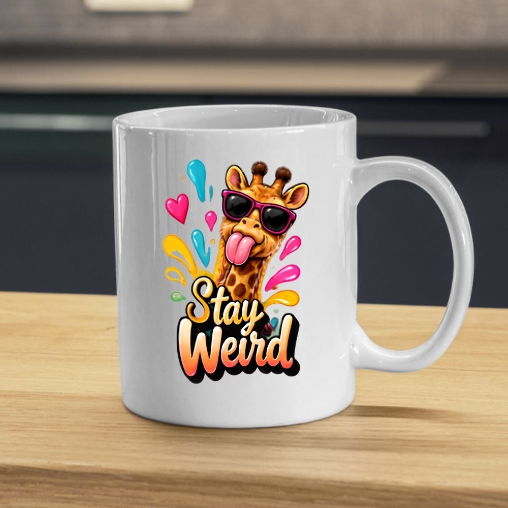 Quirky Mug "Stay Weird" Funny Giraffe 325ml Ceramic Coffee Mug Sassy Animal Lover Tea Cup with Sunglasses, Splashes & Hearts Graphic Gift | Available in Multicolours | Fast Dispatch by UK Seller (M1319)