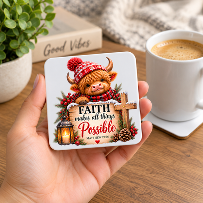 Inspirational Religious Highland Cow Hardboard Coaster "Faith Makes All Things Possible" Graphic 9cm x 9cm Square Drinks Coaster – Cute Cow in Bobble Hat, Cross, Lantern & Scripture Novelty Mat | Christian Glossy Gift | Fast Dispatch by UK Seller (C3040)