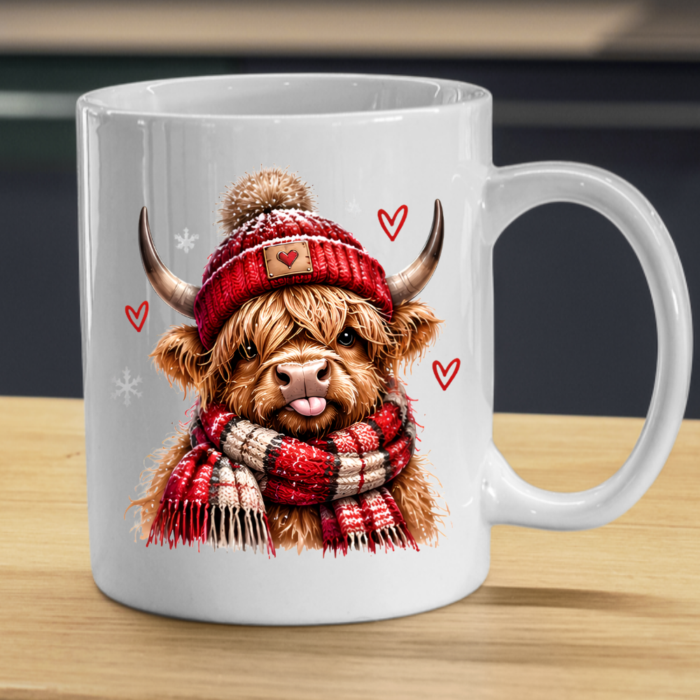 Highland Cow Winter Scarf Mug "Cozy Winter Highland Cow" Cozy Winter Highland Cow 325ml Ceramic Coffee Mug – Cute Highland Cow in Red Pom-Pom Beanie & Matching Tartan Scarf with Snowflakes & Hearts | Winter Gift | Fast Dispatch by UK Seller (M3396)