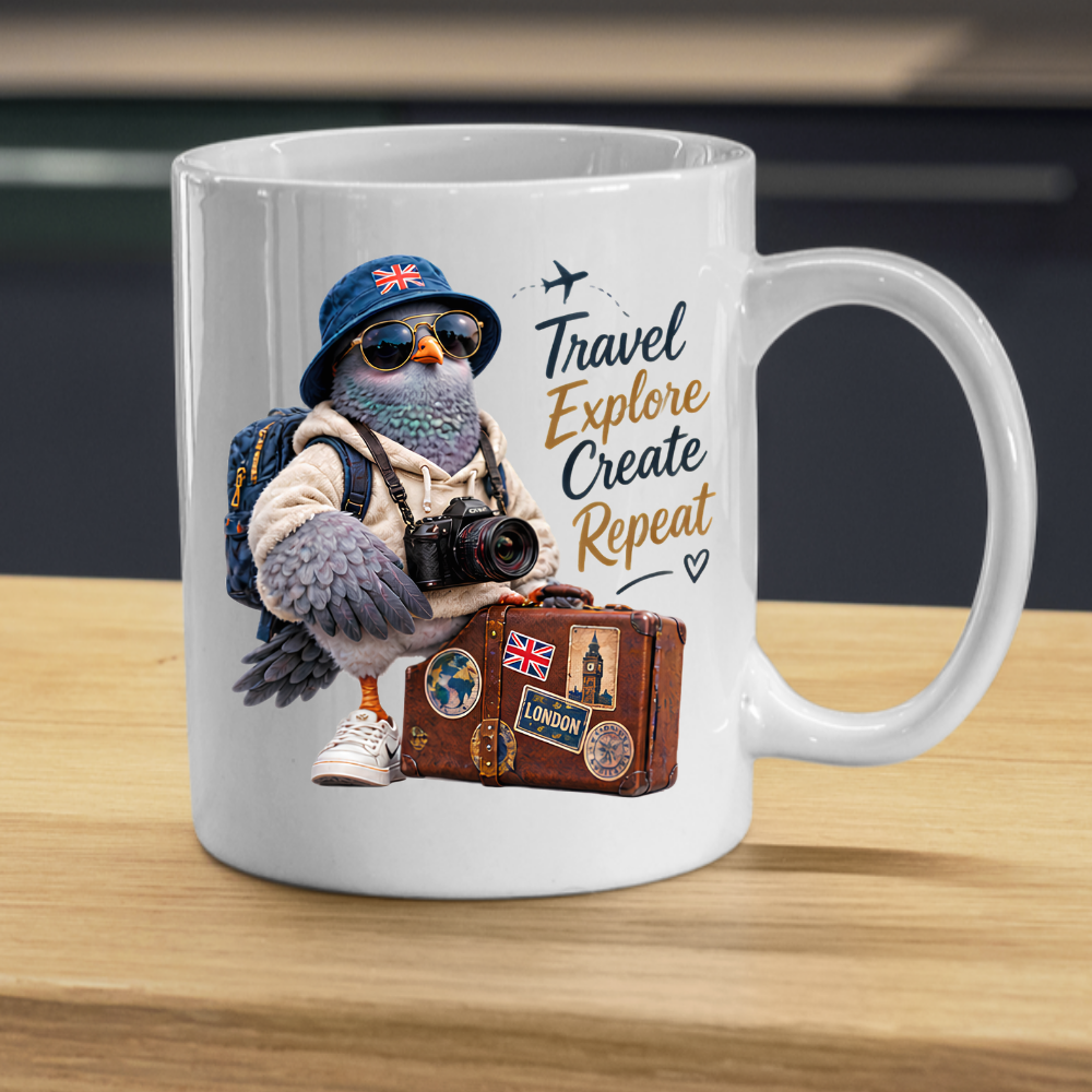 Travel Mug "Travel Explore Create Repeat Cool Pigeon" 325ml Ceramic Coffee Mug – Cool Traveller Pigeon Camera Bucket Hat Union Jack Suitcase Sneakers Gift For Tourists Photographers | Available in Multicolours | Fast Dispatch by UK Seller (M3235)
