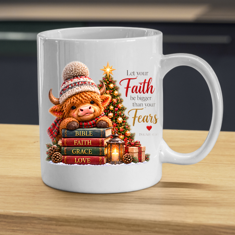 Christmas Mug "Let Your Faith Be Bigger Than Your Fears Highland Cow" 325ml Ceramic Coffee Mug – Highland Cow Mug With Books Christmas Tree Lantern Christian Holiday Gift | Available in Multicolours | Fast Dispatch by UK Seller (M3306)