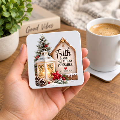 Inspirational Religious Hardboard Coaster "Faith Makes All Things Possible" Graphic 9cm x 9cm Square Drinks Coaster “Vintage Lantern, Wooden Birdhouse Sign & Red Star Ornament Novelty Mat | Christian Glossy Gift | Fast Dispatch by UK Seller (C3046)