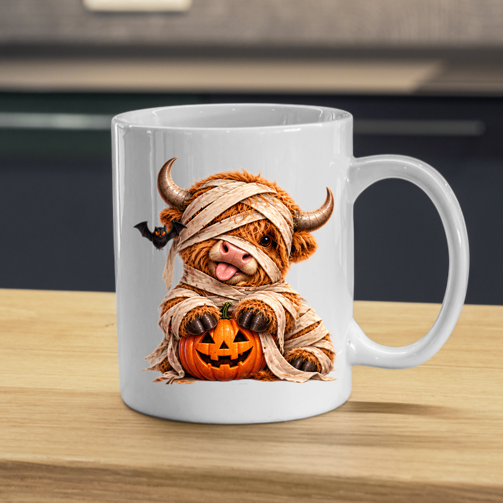 Halloween Mug "Mummy Highland Cow" Mummy Highland Cow 325ml Ceramic Coffee Mug Cute Spooky Halloween Tea Cup with Bandages and Pumpkin Graphic Gift | Available in Multicolours | Fast Dispatch by UK Seller (M3161)