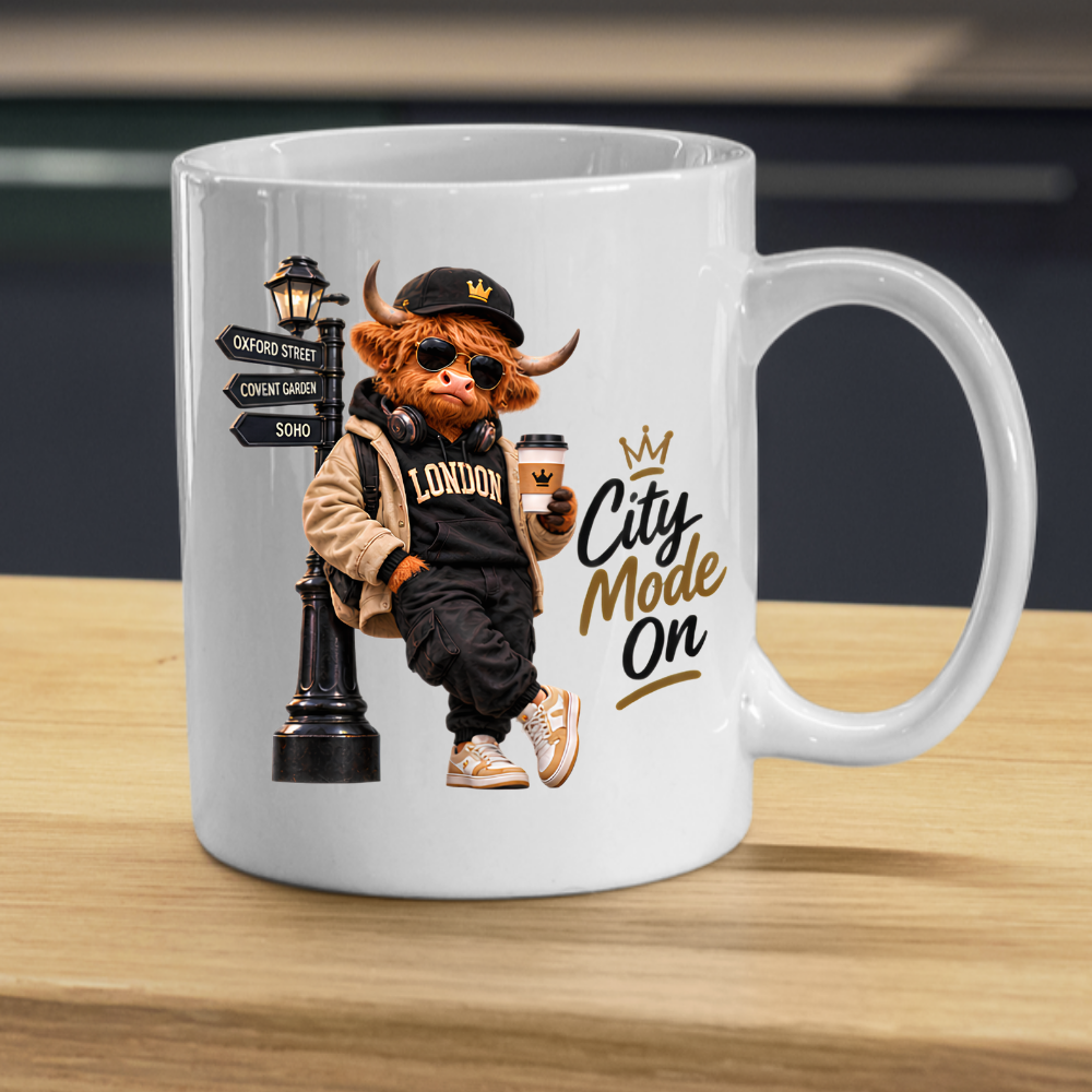 London Mug "City Mode On Cool Highland Cow" City Mode On 325ml Ceramic Coffee Mug – Cool Highland Cow in Cap, Sunglasses & Jacket Leaning on London Street Sign City Gift | Available in Multicolours | Fast Dispatch by UK Seller (M3284)