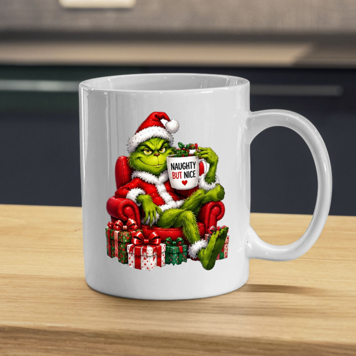 Sarcastic Mug "Naughty But Nice" Green Holiday Character 325ml Ceramic Coffee Mug Funny Grumpy Christmas Tea Cup with Santa Suit & Armchair Gift | Available in Multicolours | Fast Dispatch by UK Seller (M1239)