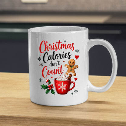 Festive Mug "Christmas Calories don't Count" Gingerbread & Hot Chocolate 325ml Ceramic Coffee Mug – Sweet Winter Holiday Tea Cup with Whipped Cream Holiday Treats | Available in Multicolours | Fast Dispatch by UK Seller (M1267)