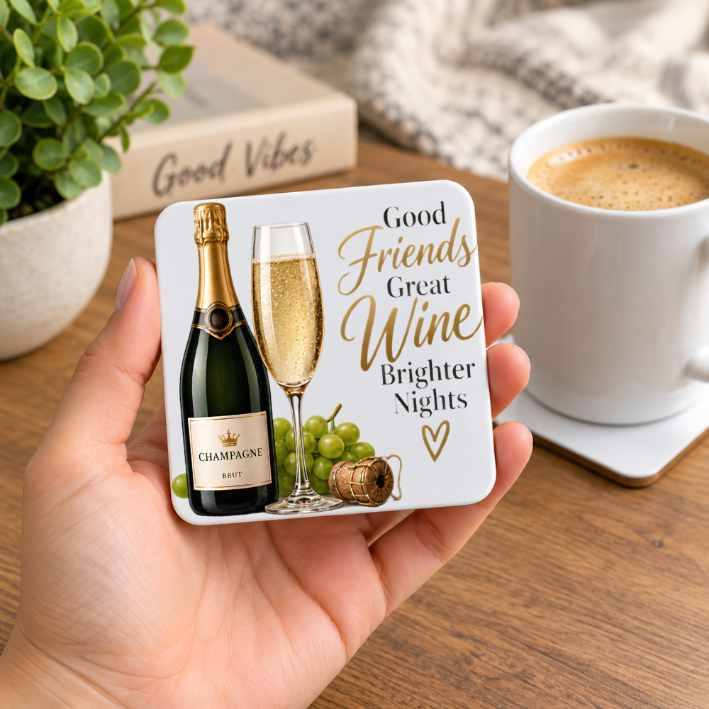 Elegant Champagne & Friends Hardboard Coaster "Good Friends Great Wine Brighter Nights" Graphic 9cm x 9cm Square Drinks Coaster “ Champagne Bottle & Flute Novelty Mat | Elegant Glossy Gift for Wine Lovers & Friends | Fast Dispatch by UK Seller (C3014)