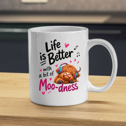 Inspiring Mug "Life is Better with a bit of Moo-dness" Highland Cow 325ml Ceramic Coffee Mug Cute Animal Tea Cup with Headphones, Music Notes & Hearts Gift | Available in Multicolours | Fast Dispatch by UK Seller (M1290)