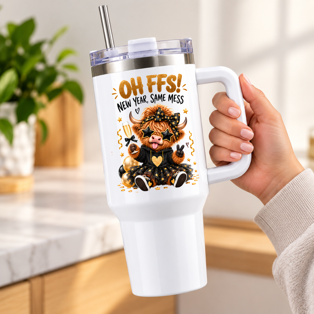 Sassy New Year Highland Cow Travel Tumbler "OH FFS! New Year, Same Mess" Graphic 40oz Stainless Steel Insulated Travel Mug with Handle & Straw – Party Cow in Star Glasses, Tutu, Champagne Glass & Gold Confetti Gift | Fast Dispatch by UK Seller (T3045)