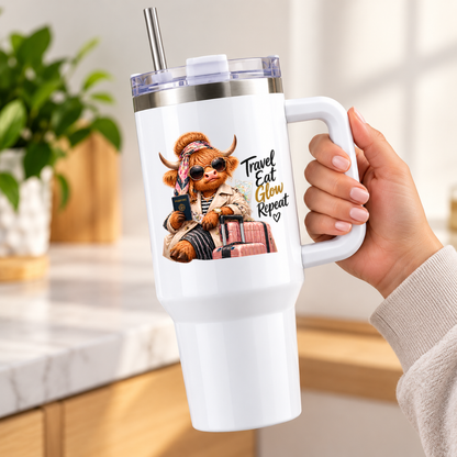 Sassy Highland Cow Travel Tumbler "Travel Eat Glow Repeat" Graphic 40oz Stainless Steel Insulated Travel Mug with Handle & Straw – Fashion Cow with Passport, Sunglasses, Headscarf & Suitcase Novelty Travel Cup | Fast Dispatch by UK Seller (T3022)