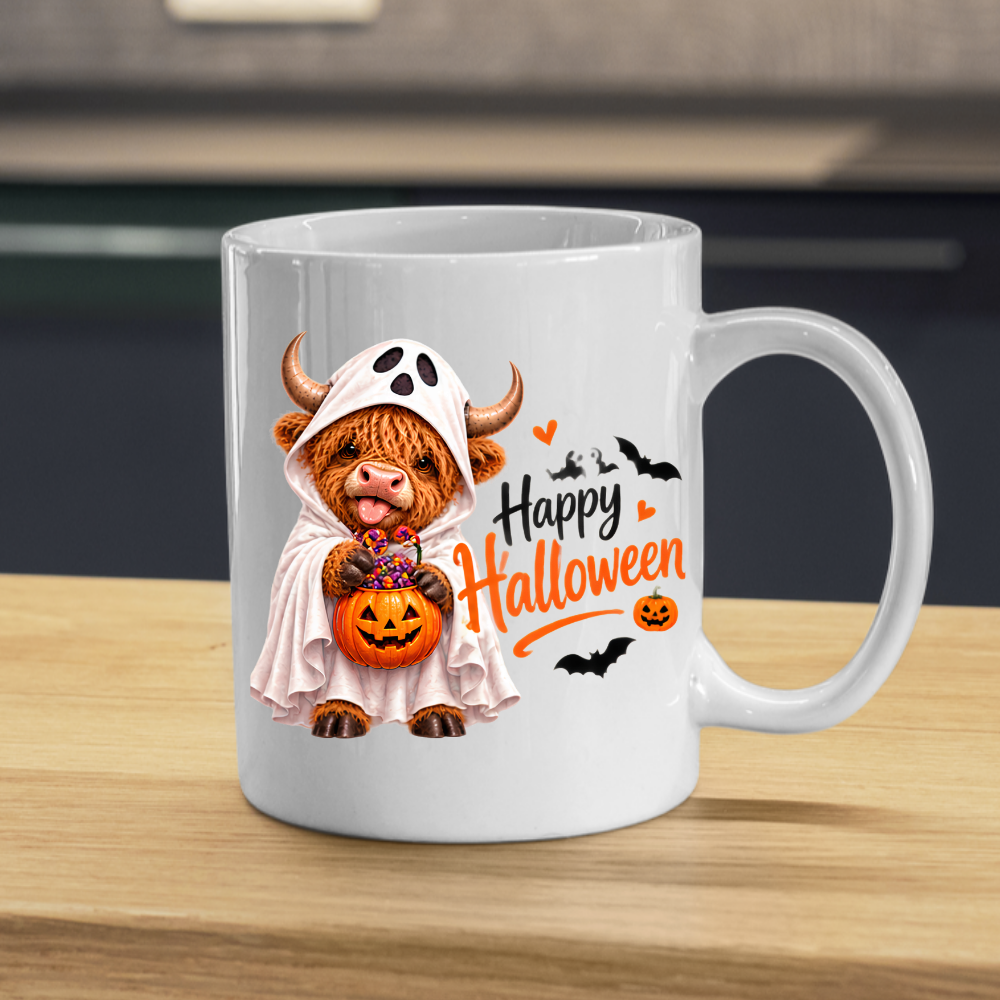 Halloween Mug "Ghost Costume Highland Cow" Ghost Costume Highland Cow 325ml Ceramic Coffee Mug – Cute Trick-or-Treat Tea Cup with Sheet Costume Pumpkin Bucket Graphic Gift | Available in Multicolours | Fast Dispatch by UK Seller (M3165)