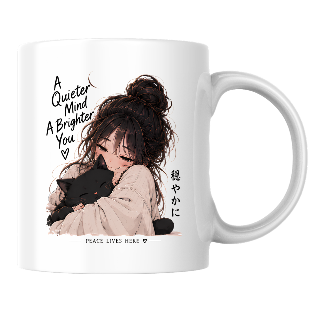 Inspirational Anime Girl & Black Cat Mug "A Quieter Mind A Brighter You" 325ml Ceramic Coffee Mug – Aesthetic Mindful Tea Cup with Japanese Kanji Graphic Gift | Available in Multicolours | Fast Dispatch by UK Seller (M3045)