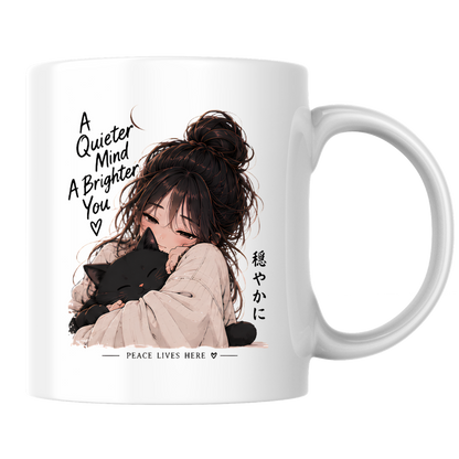 Inspirational Anime Girl & Black Cat Mug "A Quieter Mind A Brighter You" 325ml Ceramic Coffee Mug – Aesthetic Mindful Tea Cup with Japanese Kanji Graphic Gift | Available in Multicolours | Fast Dispatch by UK Seller (M3045)