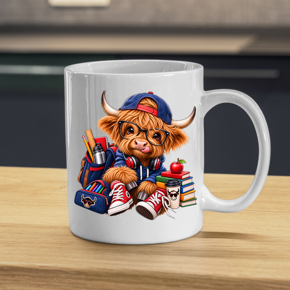 Student Mug "Cool Student Cow" Academic Highland Cow 325ml Ceramic Coffee Mug Trendy School Tea Cup with Glasses and Backpack Graphic Gift | Available in Multicolours | Fast Dispatch by UK Seller (M3153)